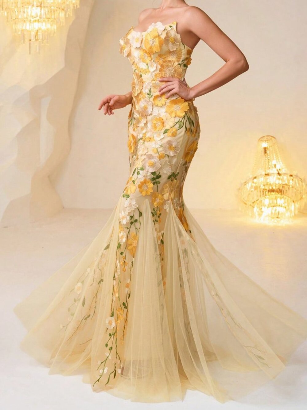 Yellow Elegant Women's Allover Print Patchwork Ruffle Sequin Mesh Formal Gown - Picture 5 of 7